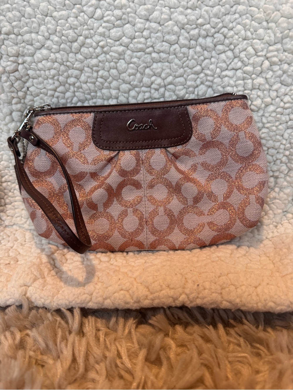 Coach Rose Pink Signature Wristlet with Brown Trim